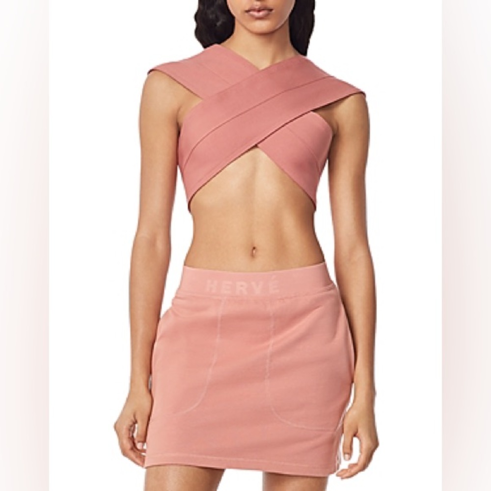 HERVÉ by Hervé Léger Crossover Bandage Crop Top In Praline, Worn Once